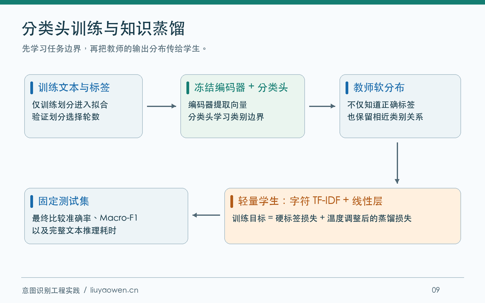 冻结编码器、训练分类头并蒸馏到轻量学生的流程